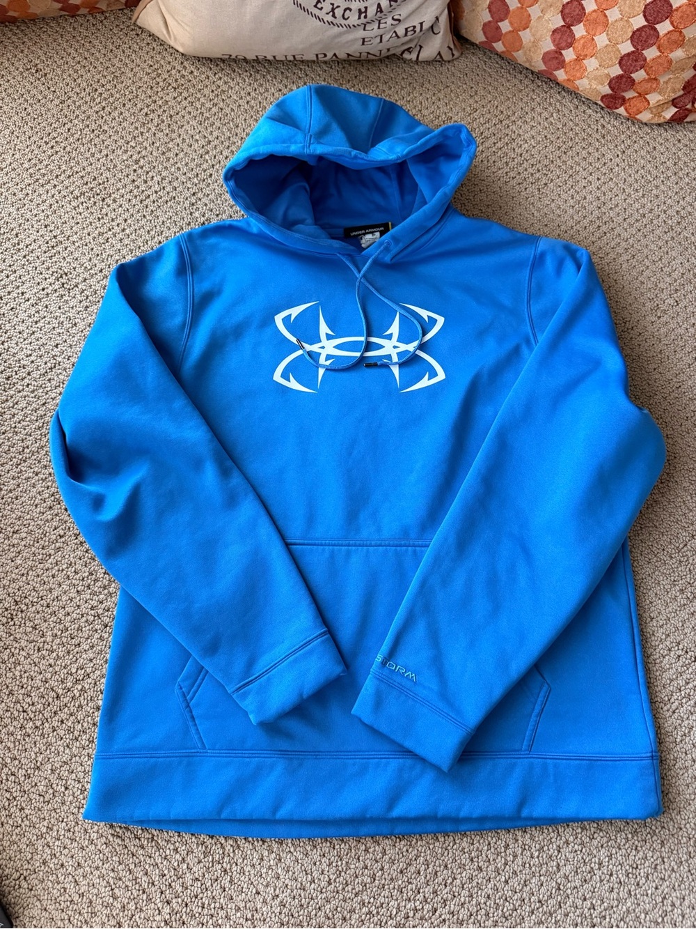 Under Armour Bright Blue Hoodie with White Fish Hook Logo Size Large